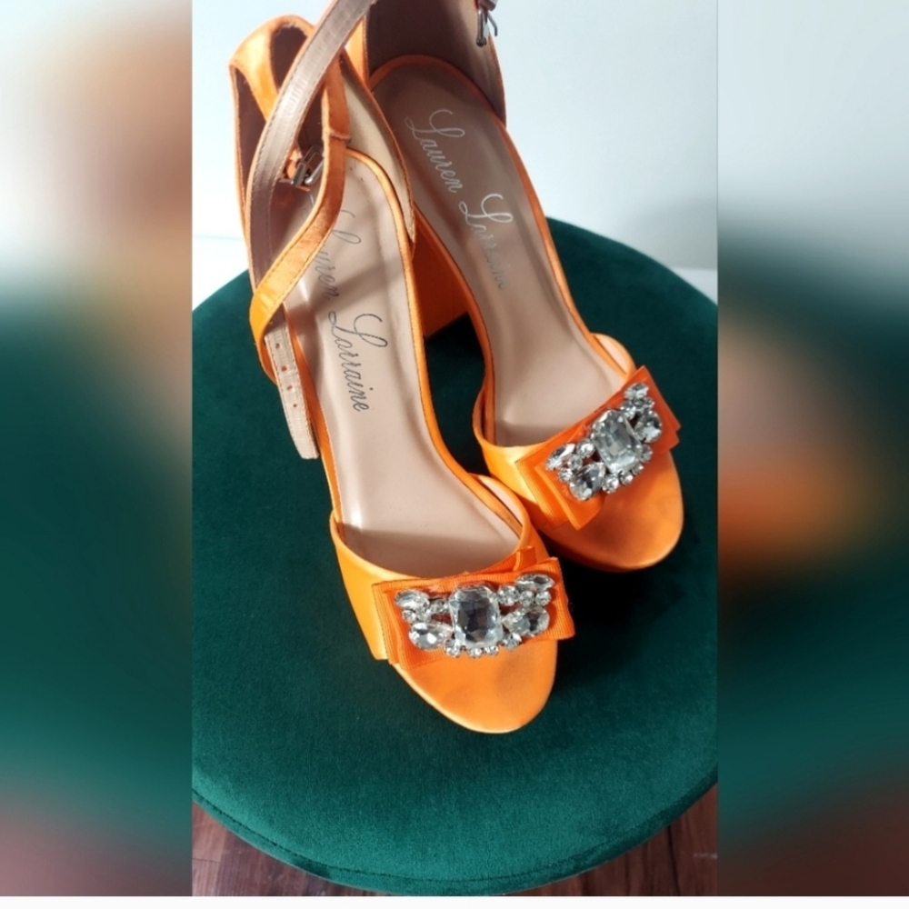 NIB Lauren Lorraine Chunky Rhinestone Heels Orange Size 9 Women's